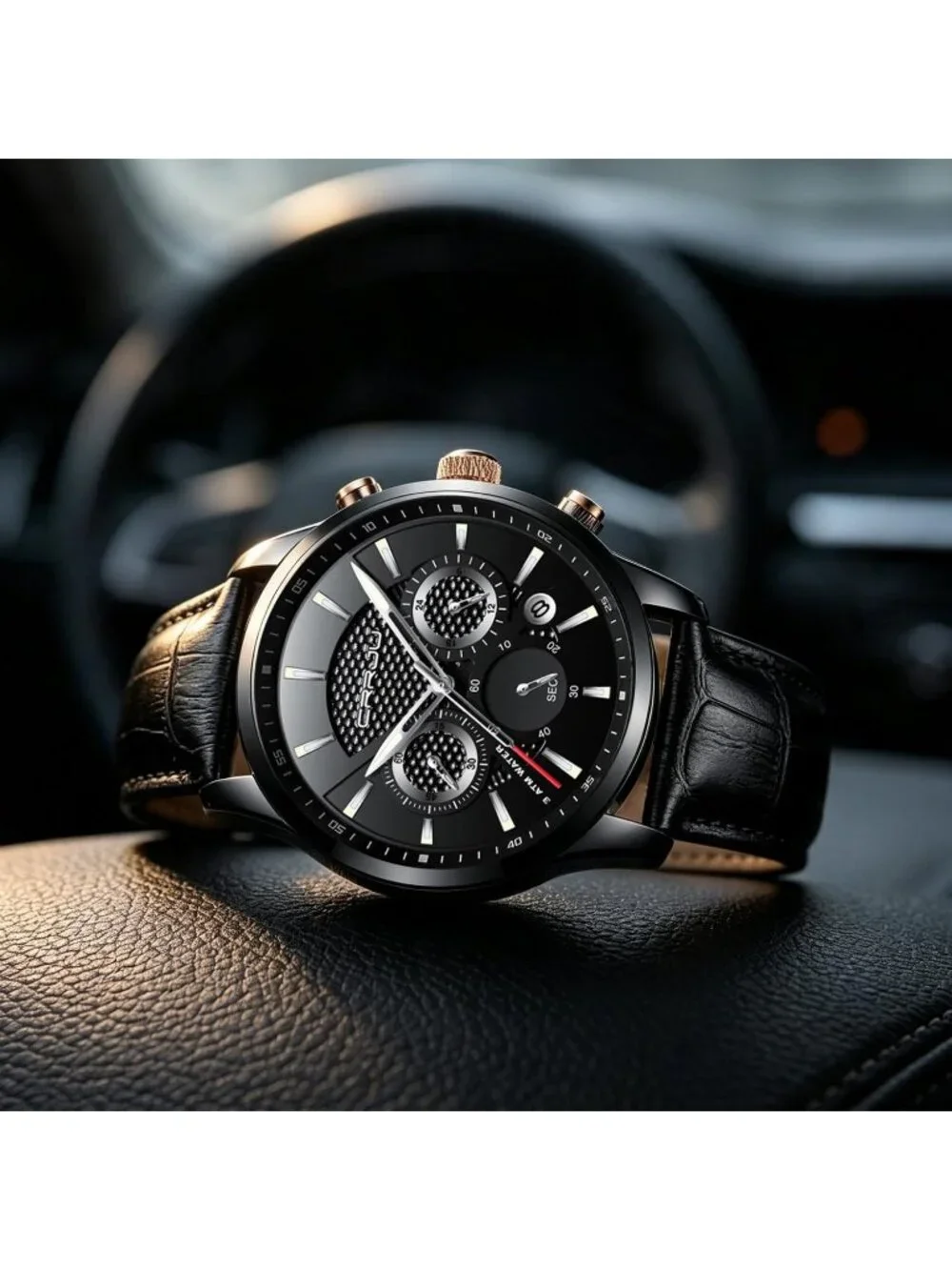 Men's Black Silver Chronograph Leather Strap Quartz Waterproof Wrist Watch